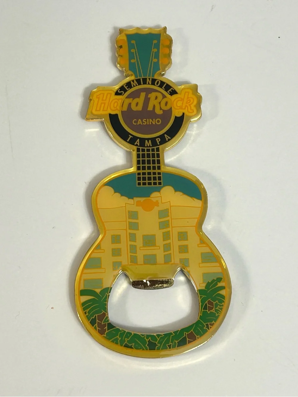 Hard Rock Casino Tampa Guitar Bottle Opener Magnet - Yellow/Teal